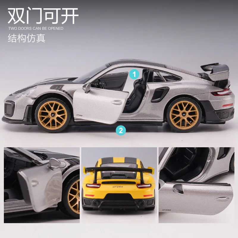 Modèle de voiture jouet Porsche 911 GT2 RS Carrera, course en métal moulé sous pression, Miniature, son et lumière, Collection cadeau pour garçons, 1/32