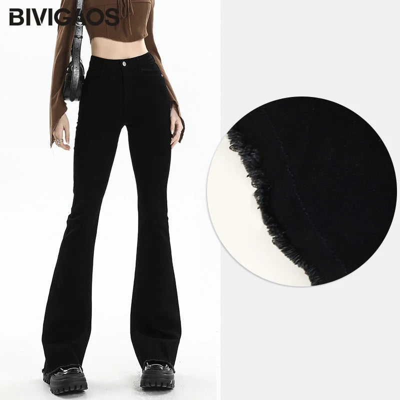 BIVIGAOS 2025 nouveau automne printemps Micro jean évasé femmes taille haute mince serré rétro gland ourlet Stretch Denim fer à cheval pantalon