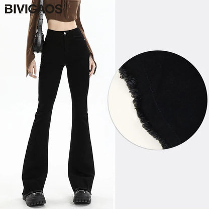 BIVIGAOS 2025 nouveau automne printemps Micro jean évasé femmes taille haute mince serré rétro gland ourlet Stretch Denim fer à cheval pantalon