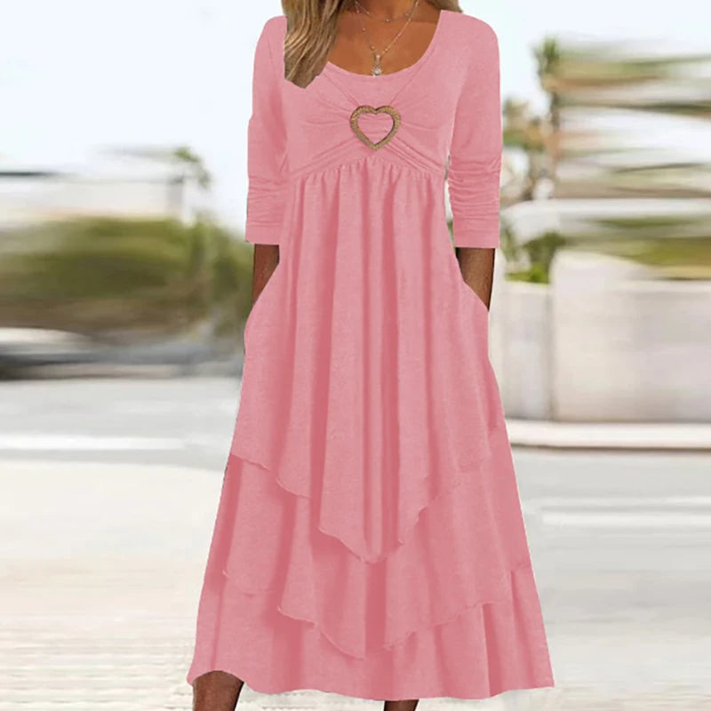 Robe mi-longue élégante pour femmes, poches Patchwork, col rond, basique, couleur unie, manches longues, décontractée, été, volants, robe de Club