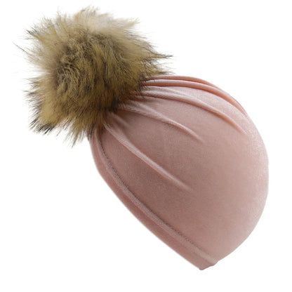 Chapeau boule de fourrure en tissu velours solide pour enfants garçons filles bébé accessoires de photographie grand pompon nœud supérieur automne hiver oreille bonnet chaud