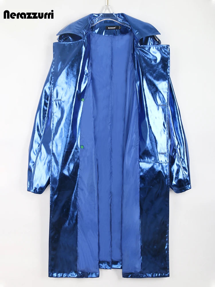 Nerazzurri-Manteau Long en Cuir PU pour Femme, Manteau Cool et Beau, Bleu Brcorporelle, Moulé, Verni, Ceinture, Mode Européenne, Printemps et Automne