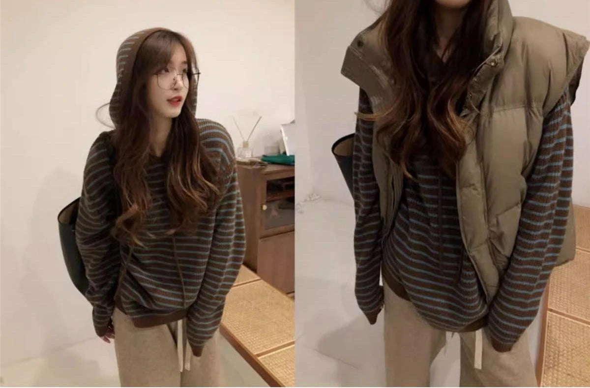 2025 nouveaux hauts large décontracté coréen à capuche rayé mode pull vêtements chauds femmes automne et hiver à capuche