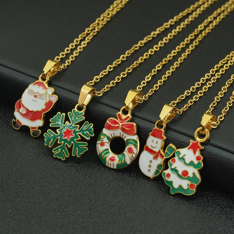 Collier thème de noël, chaîne de couleur or, couronne de flocon de neige du père noël, pendentif d'arbre de bonhomme de neige, cadeaux de Festival, accessoire saisonnier