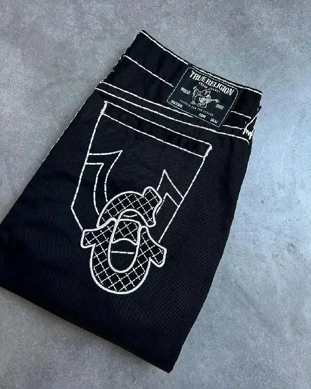 Y2k Denim pantalon Harajuku taille haute jambe large jean bleu bouddha brodé jean droit décontracté haute rue femmes vêtements