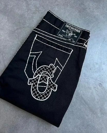 Y2k Denim pantalon Harajuku taille haute jambe large jean bleu bouddha brodé jean droit décontracté haute rue femmes vêtements