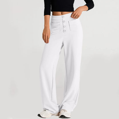 Pantalon à jambes droites pour femmes, classique, Simple, solide, taille haute, mode, poches à boutons, taille élastique, décontracté, nouvelle collection