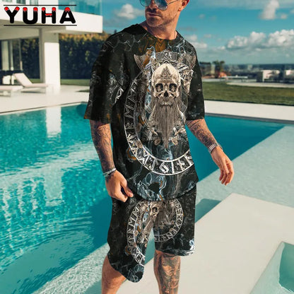 YUHA – ensemble t-shirt manches courtes pour hommes, vêtements d'été pour hommes, impression de squelette Terrible en 3D, Short décontracté, survêtement masculin 2 pièces, nouvelle collection