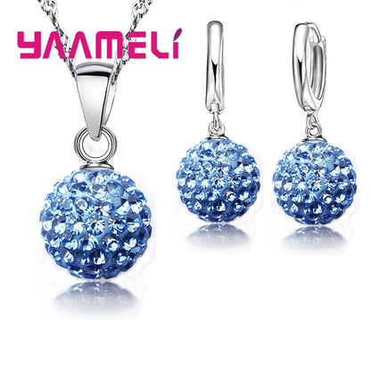 Ensembles de bijoux en argent regardé 925 pour femmes et filles, cadeaux de mariage, cristal autrichien pavé, collier boule CZ Chang, boucles d'oreilles créoles, patients