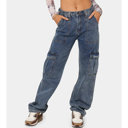 Jean Cargo Américain Taille Haute pour Femme, Pantalon Droit Croisé, Mode Fille, Bleu Clair, Bleu Foncé, Noir, Gris, Denim Fjj