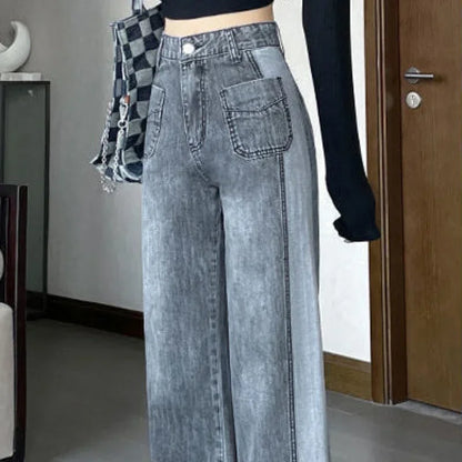 Jean Gris avec Poches pour Femme, Pantalon Taille Haute, Jambes Droites, FjStreetwear des Années 90, Chic et Élégant, Bon Marché