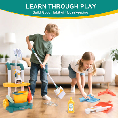 12 pièces/ensemble ensemble de nettoyage pour enfants jouets de nettoyage de vie simulée avec chariot à main semblant jouer hygiène nettoyage maison de jeu jouet garçons et filles