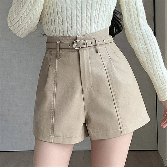 Seoulish-Short en cuir PU vintage décontracté pour femme, pantalon taille haute pour femme, patchwork de documents solides, pantalon de bureau pour femme, automne et hiver 2024