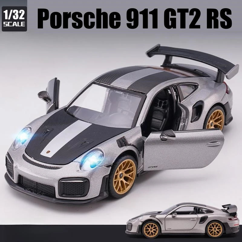 Modèle de voiture jouet Porsche 911 GT2 RS Carrera, course en métal moulé sous pression, Miniature, son et lumière, Collection cadeau pour garçons, 1/32
