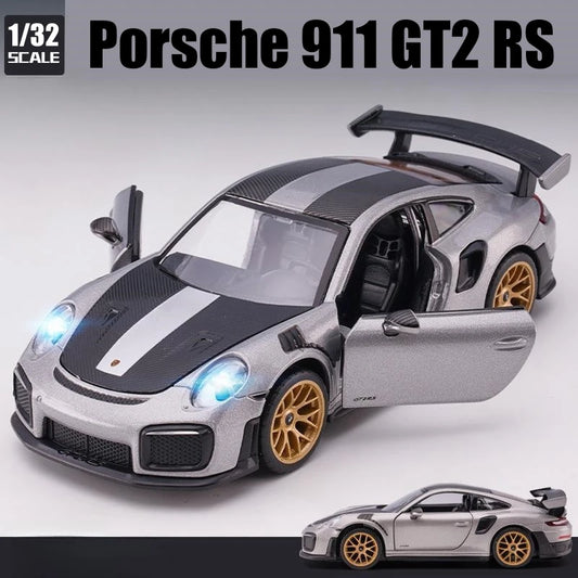 Modèle de voiture jouet Porsche 911 GT2 RS Carrera, course en métal moulé sous pression, Miniature, son et lumière, Collection cadeau pour garçons, 1/32