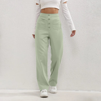 Pantalon à jambes droites pour femmes, classique, Simple, solide, taille haute, mode, poches à boutons, taille élastique, décontracté, nouvelle collection