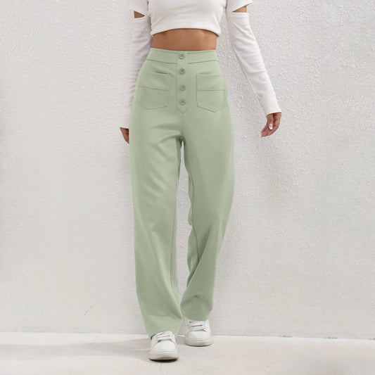 Pantalon à jambes droites pour femmes, classique, Simple, solide, taille haute, mode, poches à boutons, taille élastique, décontracté, nouvelle collection