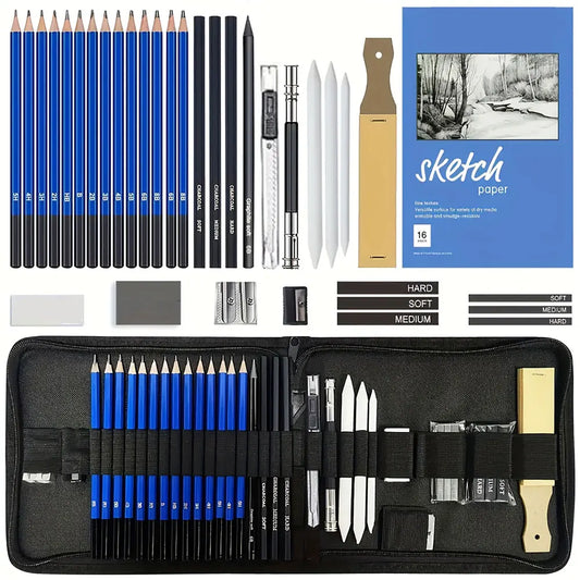 Ensemble de crayons de croquis professionnels 35 pièces avec bâtons de carbone et un sac de rangement portable noir, adapté aux débutants en peindre.