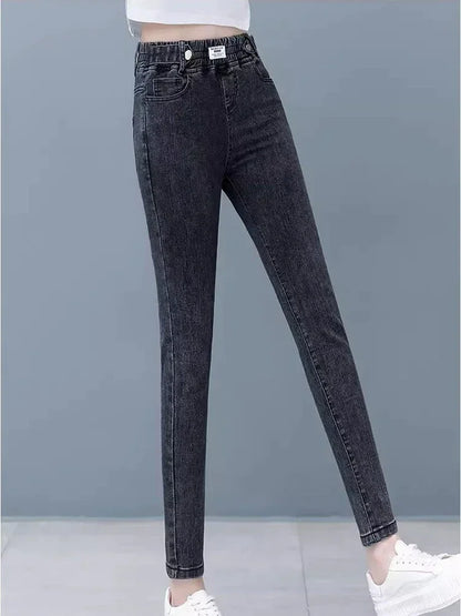 Pantalon crayon en denim skinny épais pour femme, jean décontracté, doublé de velours en peluche, taille haute, coréen, chaud, commandé, hiver, nouveau