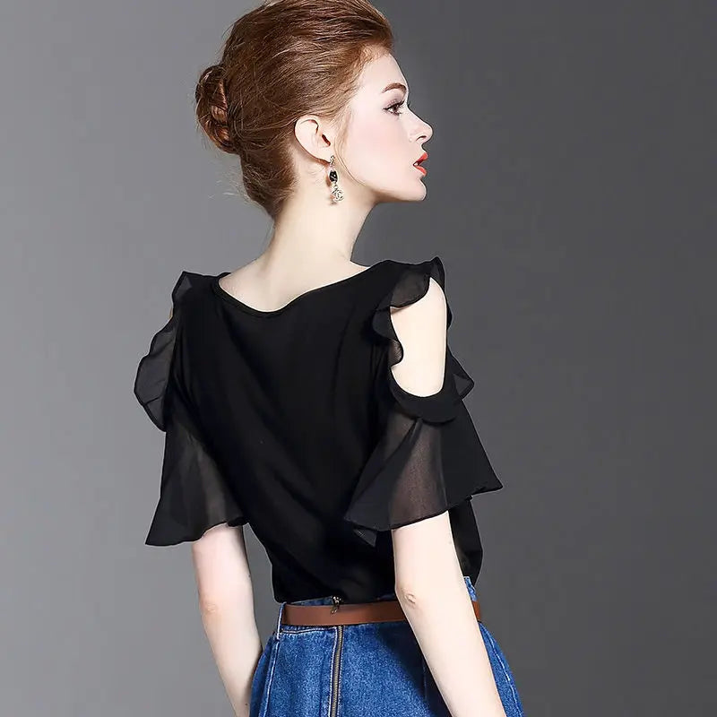 Nouveau Chemise d'été chemisier en mousseline de soie noir femmes élégantes haut de gamme ajouré manches à volants
