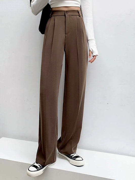 Pantalon décontracté taille haute pour femmes, jambes larges, ample, longueur au sol, costumes blancs, pantalons longs pour dames, nouvelle collection printemps automne