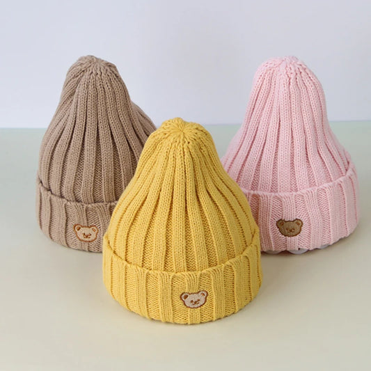 Chapeau de bébé brodé d'ours de dessin animé coréen, doux et chaud pour enfants garçons et filles, Bonnet d'hiver tricoté pour enfants