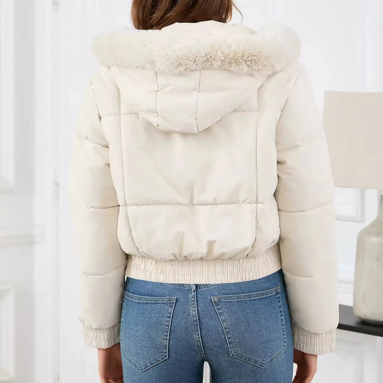sister fara Doudoune à capuche en coton pour femme, grand col en fourrure