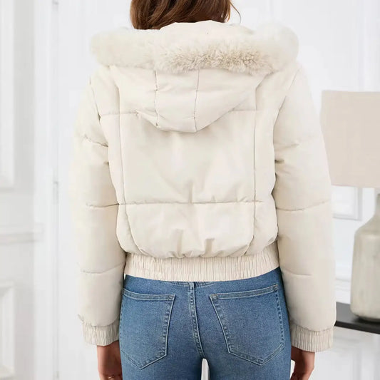 sister fara Doudoune à capuche en coton pour femme, grand col en fourrure