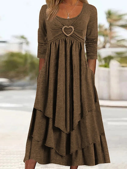 Robe mi-longue élégante pour femmes, poches Patchwork, col rond, basique, couleur unie, manches longues, décontractée, été, volants, robe de Club