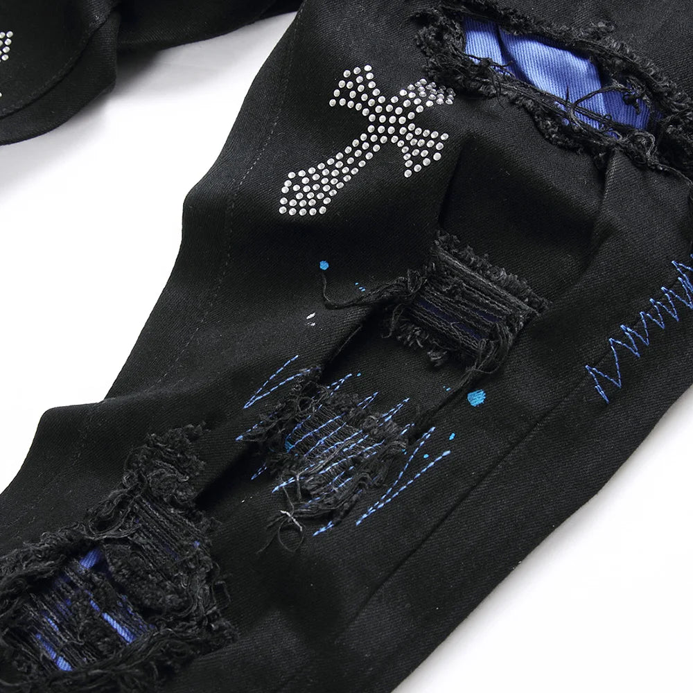 Jean en denim à commande croisée en cristal pour hommes, trous déchirés, distMurcia, pantalon noir, broderie, Slim, conique, fjered