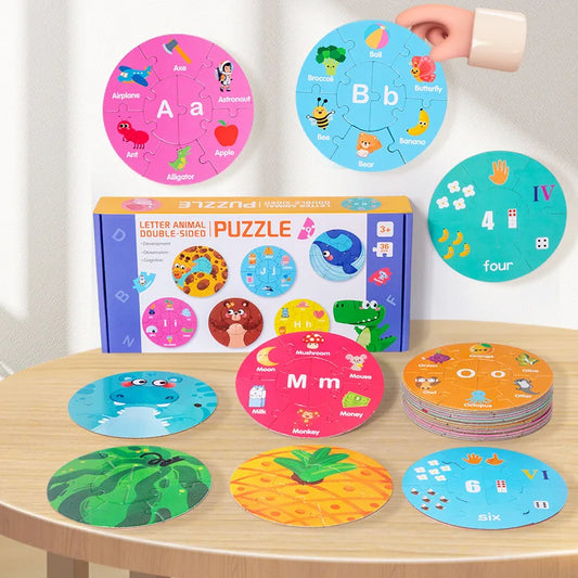 Puzzle Double face 36 pièces pour enfants, Puzzle d'animaux à chiffres de lettres, Puzzle circulaire, apprentissage des lettres anglaises, des chiffres et des mots