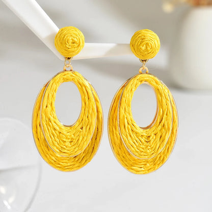 Boho tendance fait à la main Double couche ovale en raphia boucles d'oreilles pour les femmes élégant rotin tricot boucles d'oreilles bijoux d'été cadeaux