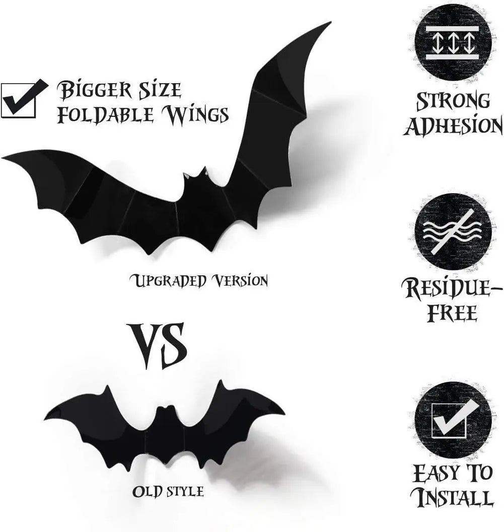 Décorations de chauves-souris d'Halloween, chauve-souris en PVC 3D sur le mur, autocollants muraux de chauves-souris noires, accessoires effrayants d'Halloween
