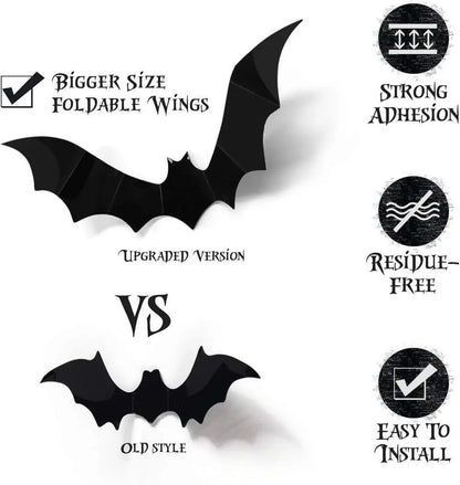 Décorations de chauves-souris d'Halloween, chauve-souris en PVC 3D sur le mur, autocollants muraux de chauves-souris noires, accessoires effrayants d'Halloween