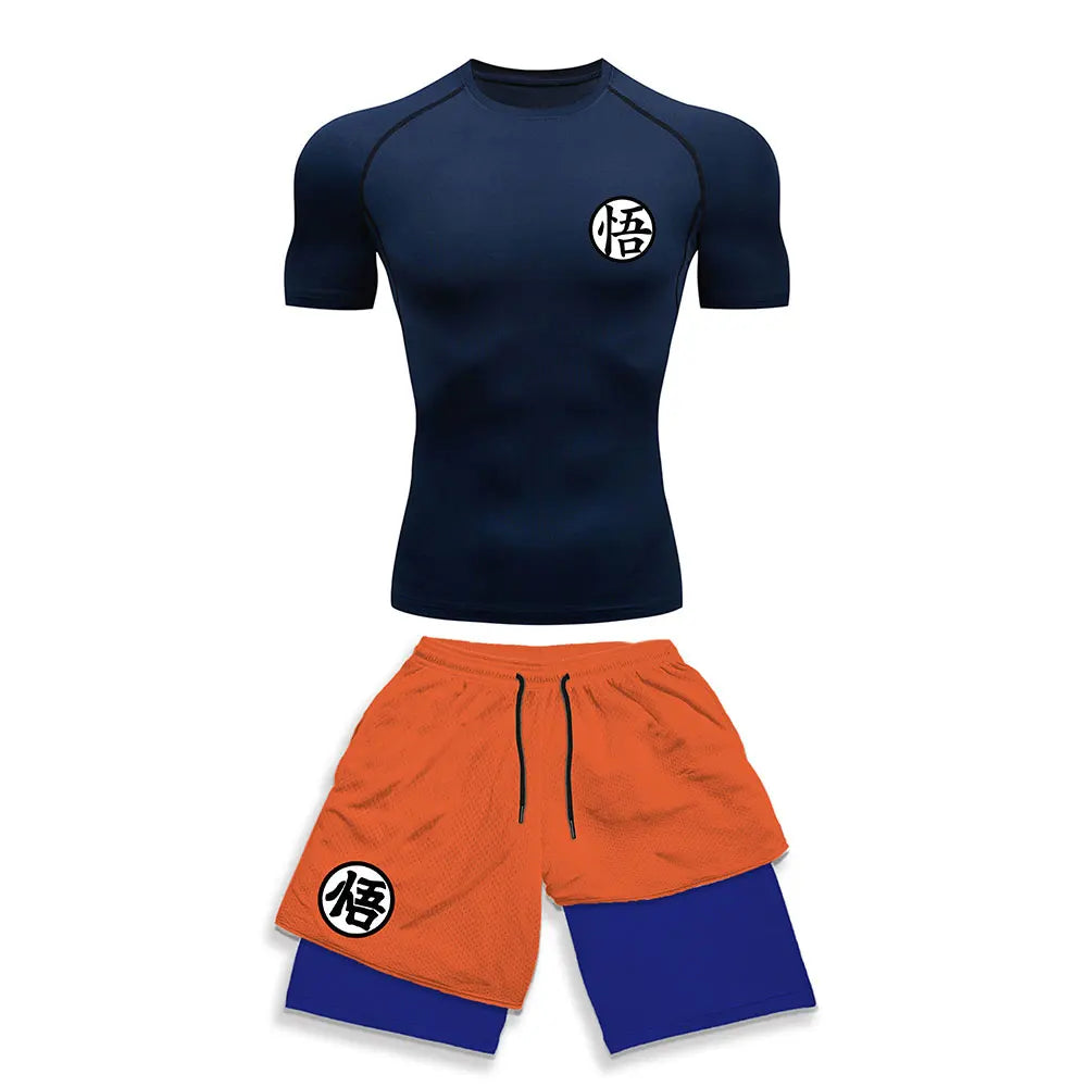 Chemise de Compression + short de gymnastique 2 pièces entraînement été Anime imprimé ensemble de Compression de gymnastique course Sport Fitness costume pour hommes vêtements de Sport