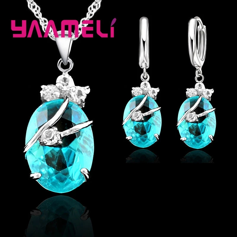 Ensembles de bijoux vintage pour femmes, argent regardé 925, pendentif en pierre de cristal, breloques, collier de mariage, boucles d'oreilles créoles, nouvelle mode
