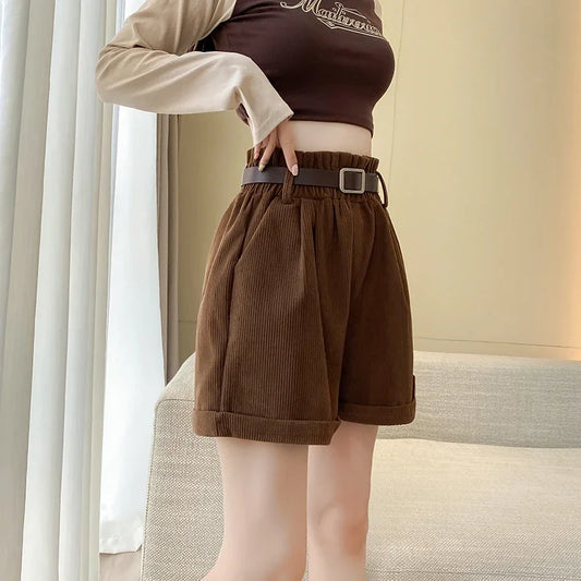 Short en velours côtelé avec ceinture pour femme, taille élastique, sertissage adt, pantalon court vintage pour bottes, automne et hiver 2024
