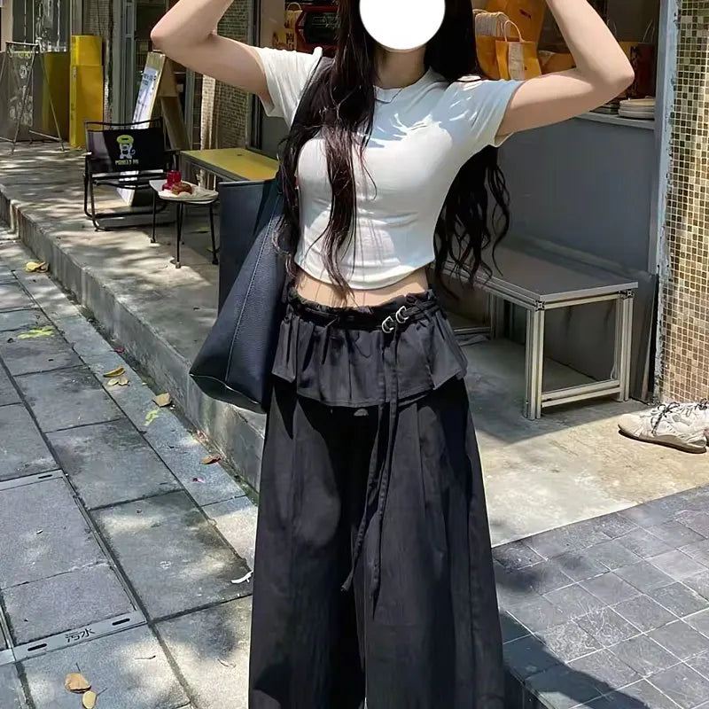 Pantalon noir à jambes larges pour femmes, Streetwear, mode Y2K, à volants, Patchwork, Baggy, été, Harajuku, coréen, pantalon droit décontracté