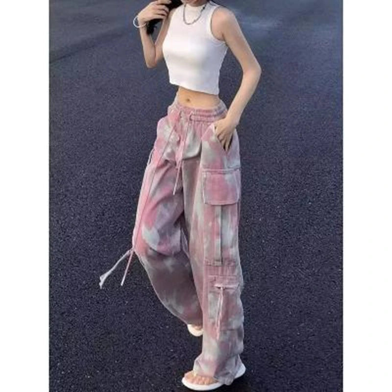 Pantalon cargo camouflage rose pour femme, jambe large, surintendant en denim Y2K, FjStreetwear, Hip Hop, femme, style safari décontracté