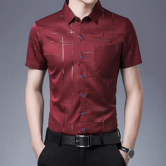 Chemise Soyeuse à Manches Courtes pour Homme, Tenue d'Affaires, Col Rabattu, Décontractée