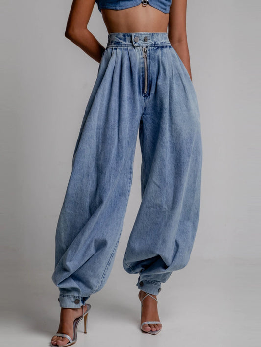 Femmes Cargo jean décontracté taille haute fermeture éclair Denim Bloomers pantalon ample Vintage Streetwear froncé basique jean pantalon 2025