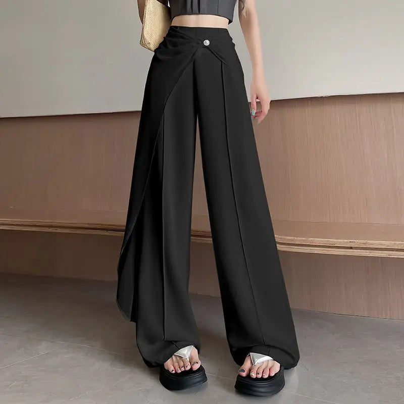 Pantalon à jambes larges en mélange de mousseline de soie pour femmes, taille haute, jambe droite, longueur au sol
