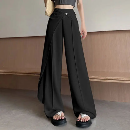 Pantalon à jambes larges en mélange de mousseline de soie pour femmes, taille haute, jambe droite, longueur au sol