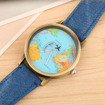 Montre à Quartz de mode  unisexe carte avion voyage autour du monde