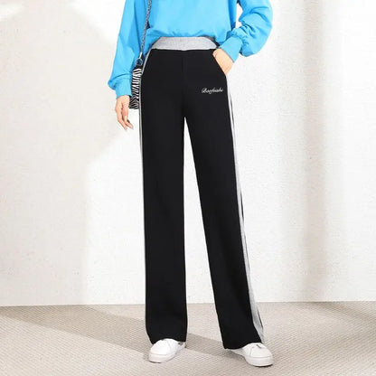 Pantalon de sport taille haute pour femme, mode coréenne, printemps, automne, décontracté, uni, poches brodées, élastique, droit, fjadt, nouveau