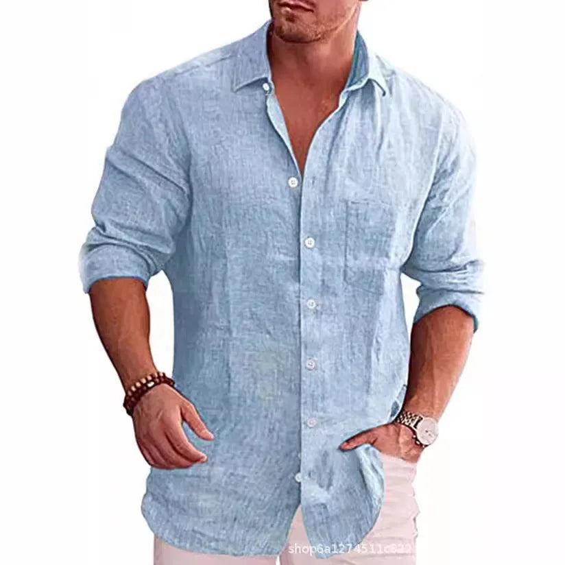 Chemise ample grande taille pour hommes, couleur unie, col en lin, manches longues, chemise décontractée