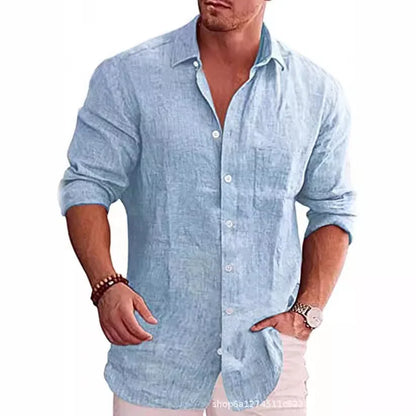 Chemise ample grande taille pour hommes, couleur unie, col en lin, manches longues, chemise décontractée