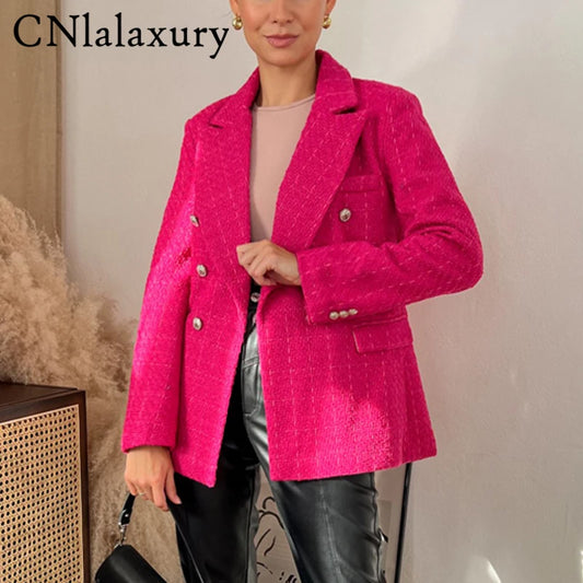 CNlalaxury-Blazer en tweed à double boutonnage pour femme, manteau de trajet avec poche, manches longues, décontracté, printemps, automne, 2024