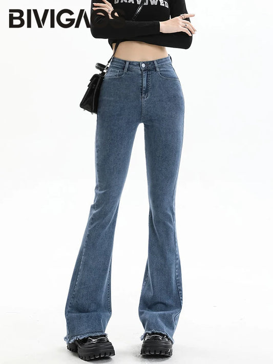 BIVIGAOS 2025 nouveau automne printemps Micro jean évasé femmes taille haute mince serré rétro gland ourlet Stretch Denim fer à cheval pantalon