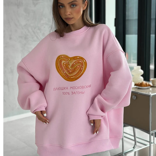 Sweat-shirt à col rond pour femme, imprimé gâteau de moscou, rose, fin, manches longues, Style russe, ample, mode coréenne, automne 2025